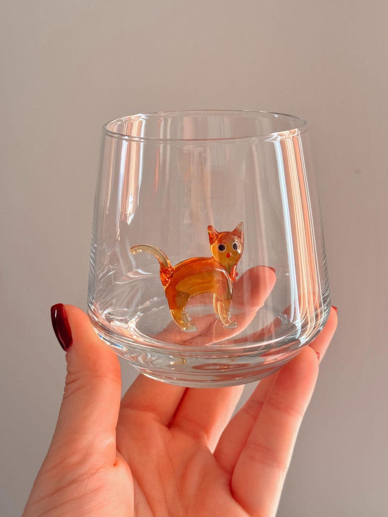Cat Figurine Glass Cup | Murano Wine Glass | Stemless Wine Glass | Cat Lover Gift | Handmade Glassware | 3D Cat Cup | Barware Gift image 13