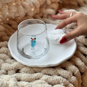 Owl Sculpture DRINKING Wine GLASS, Cute Owl & Unique Murano Bird Lover Tiny Figure Glass Cup for Gift