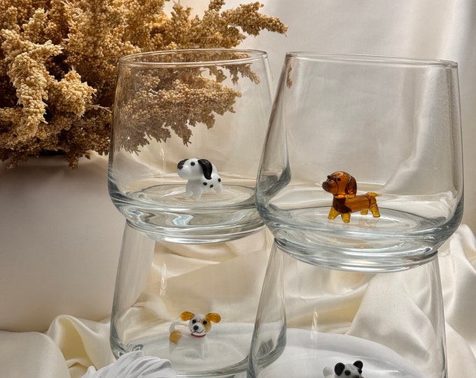 Murano Glass Dog Wine Glasses - Stemless Beverage Glasses, Set of 4
