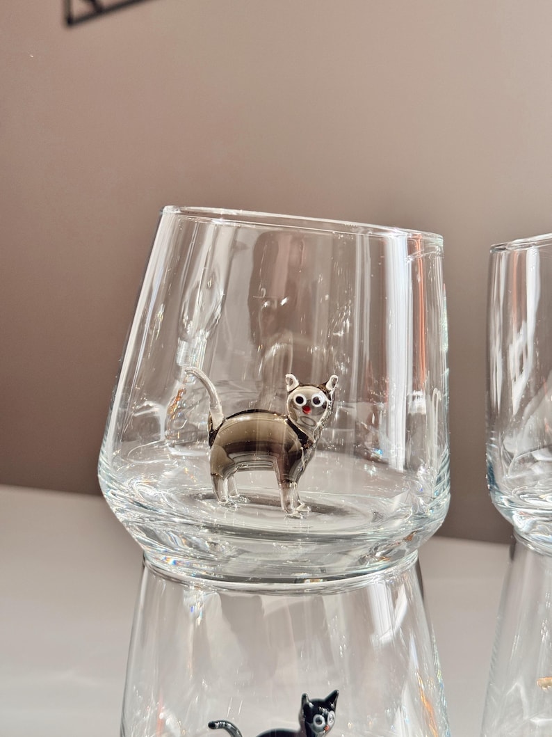 Cat Figurine Glass Cup | Murano Wine Glass | Stemless Wine Glass | Cat Lover Gift | Handmade Glassware | 3D Cat Cup | Barware Gift image 14