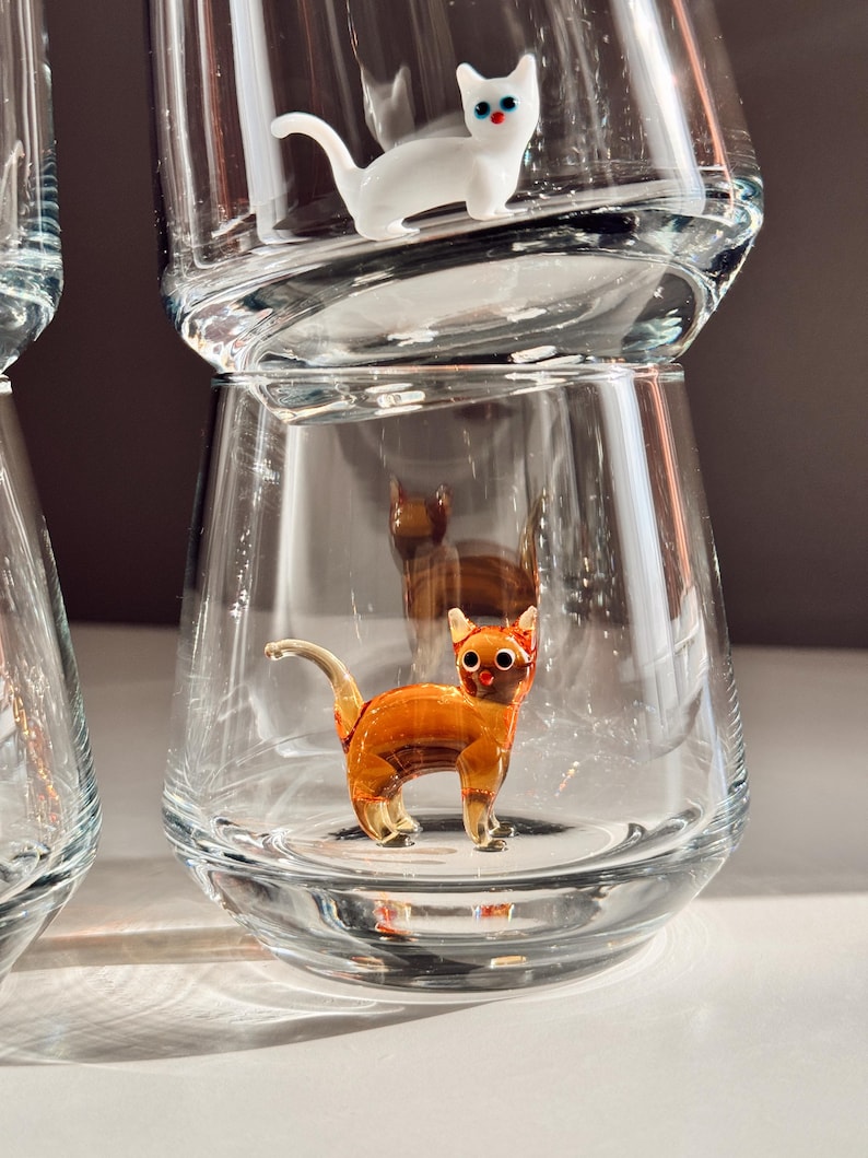 Cat Figurine Glass Cup | Murano Wine Glass | Stemless Wine Glass | Cat Lover Gift | Handmade Glassware | 3D Cat Cup | Barware Gift image 15