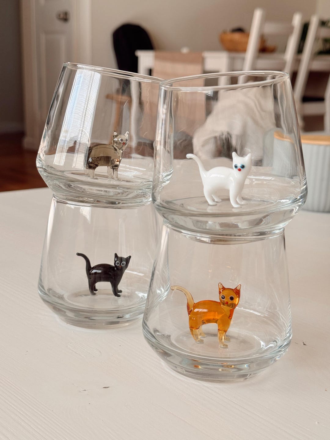 Handmade Murano Glass Cat Wine Glass | 3D Figurine, Stemless - Set of 4