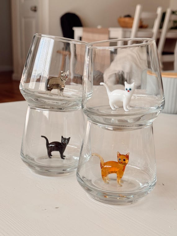 Cat Figurine Glass Cup | Murano Wine Glass | Stemless Wine Glass | Cat Lover Gift | Handmade Glassware | 3D Cat Cup | Barware Gift