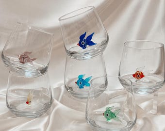 Set of 6 Murano Glass Cups: Colorful Fish Figures, Stemless Wine Glasses