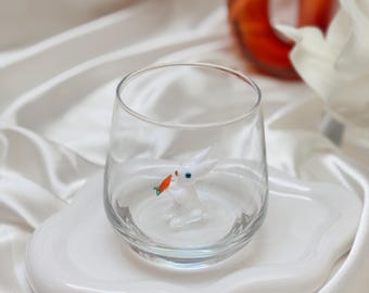 Rabbit Murano Wine Glass - Rabbit Stemless Wine Glass, Handmade Rabbit Wine Glass, Animal lover Cup, Bunny Wine Glass, Holiday gift idea