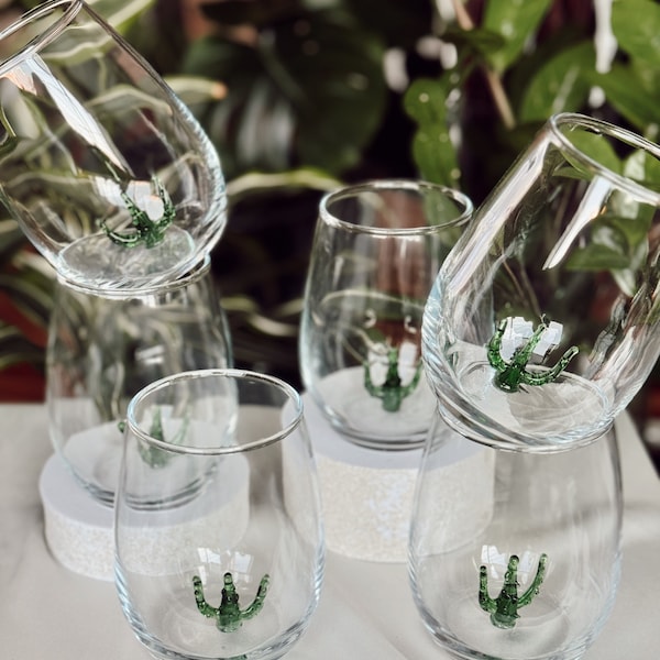 Cactus Set of 6 Piece Tiny Figure Glass Cups Cactus Inside Glass Home Decor Glass