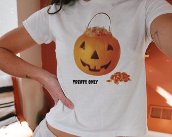 Halloween Baby Tee Y2K Jack o Lantern Shirt Trick or Treat Halloween Baby Tee 90 Crop Top Spooky Season Top Fall Baby Tee Retro Treats Only