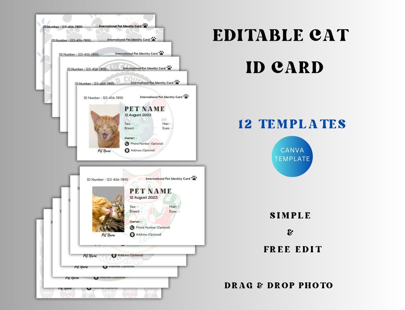 Editable Cat ID Card Pet Identification Missing Cat Dog - Etsy Australia