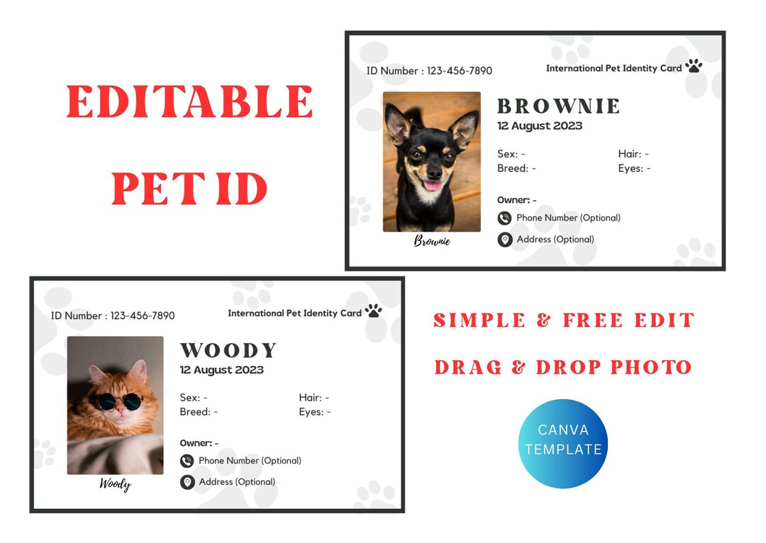 Editable Pet ID Card Cat Dog Identification Printable Etsy