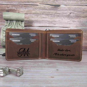 Cartera de cuero genuino delgada personalizada bifold, aniversario personalizado, veterano, regalo de graduación, regalo de Navidad con mensaje personalizado,
