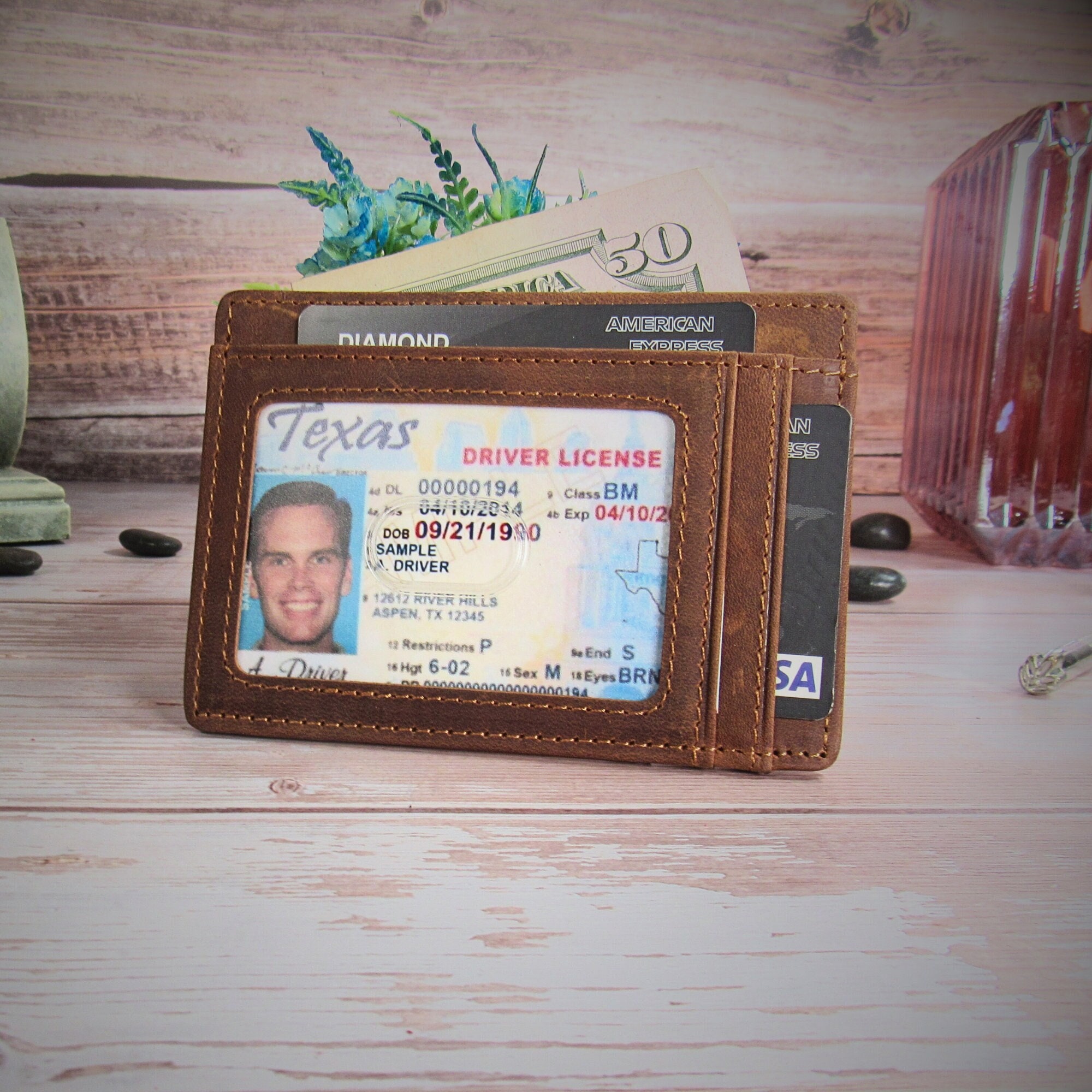 Unisex Slim Leather Card Holder with ID Slot - Customizable Anniversary and Birthday Gift for Boyfriend / Girlfriend, Christmas Gift for Dad