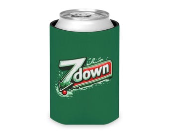 7 Down Can Cooler, Retro Soda Beverage Insulator, Green Red, Summer Party, BBQ, Koozie