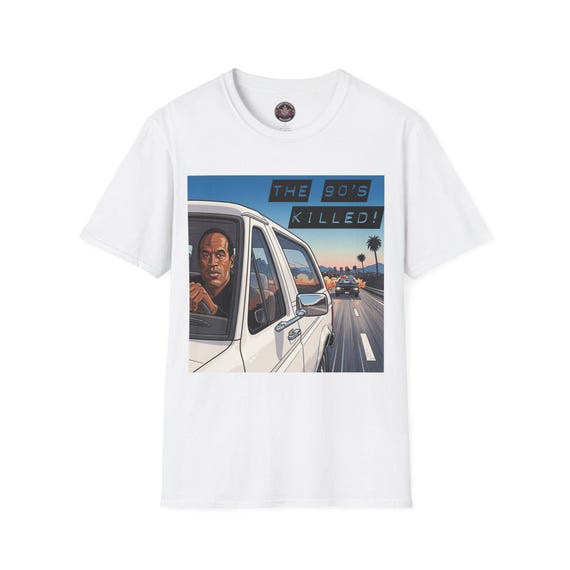 面白いOJシンプソンのブロンコ追跡Tシャツ、90年代レトログラフィックT 