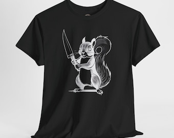 Funny Squirrel Knife Tee, Nut Lover Gift, Humorous Animal Shirt, Unisex Heavy Cotton Tee