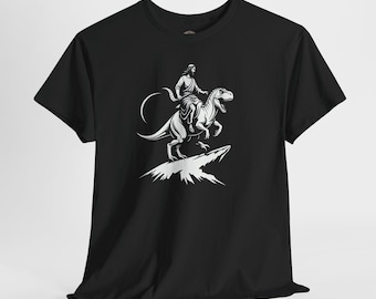 Jesus riding dinosaur unisex tee, Christian, heavy cotton casual top, religious humor, custom designed