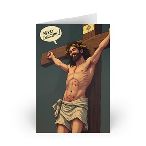 Cartões de felicitações satíricos de Natal com Jesus, arte personalizada engraçada, pacote com 1 ou 10 peças, cartão de Natal exclusivo, cartão de Natal engraçado, humor religioso.