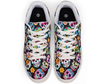 SugarSkull Design Men's Low-Top Leather Sneakers | Day of the Dead Style