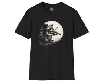 Trash Panda Moon Serenade Unisex Softstyle T-Shirt, Raccoon Tee, Funny Graphic Shirt.