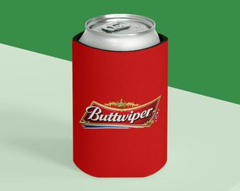 Buttwiper logo Can Cooler | Red neoprene koozie