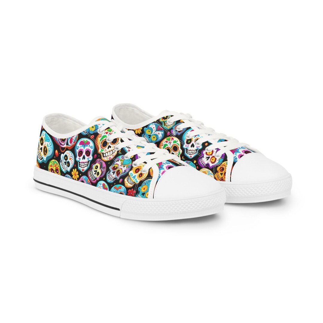 Blue And Red Floral Sugar Skull Men's Low Top Shoes