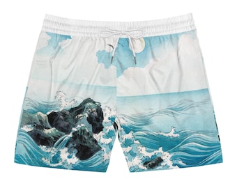 Men's Ocean Wave Swim Trunks, Beach Summer Wear, Lightweight Shorts