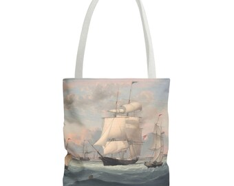 Tote Bag, Nautical Design with Ancient Ships, Durable Polyester, Beach & Travel Accessory, Maritime Style, Versatile Handbag