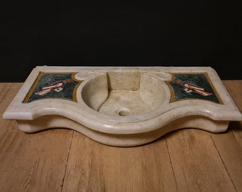 Ancient washbasin from the 20th century, an authentic work of art in white marble enriched with two-tone marble inlays