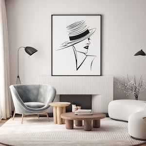 Frauen Linie Zeichnung Kunstdruck, Minimalistische Wohnkultur, Weiblich Print Poster, One Line Zeichnung, Digitale Kunst, Frau mit Hut
