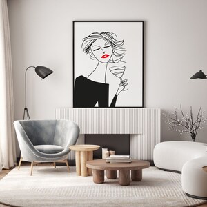 Women Line Drawing Art Print, Minimalist Home Decor, Female Print Poster, one line drawing, Digital art, Woman with Wine and Red Lips
