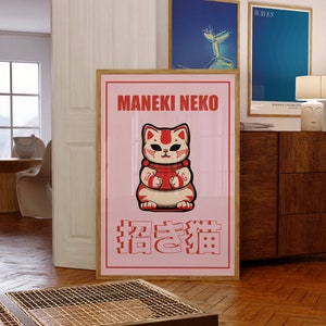 Maneki Neko - Premium Matte Print | Wanddecoratie Posterontwerp Lucky Cat Kattenliefhebber Cadeau Japandi | Woonkamer Kantoor Keuken