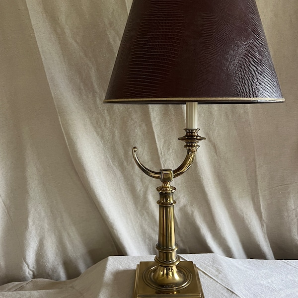Brass Stiffel Lamp with Crescent Detail and Leather Shade