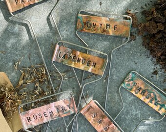 Hand stamped Copper Garden Markers- Set of 5 (Sage, Thyme, Lavender, Rosemary)