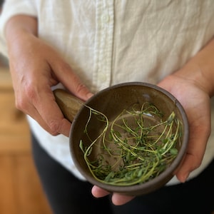 May include: A small brown ceramic bowl with a wooden handle filled with fresh green thyme.