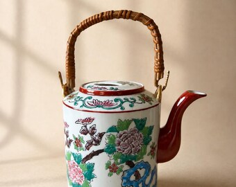 Vintage Hand-Painted Chinoiserie Teapot with Rattan Handle | Colorful Floral Porcelain Tea Pot Decor