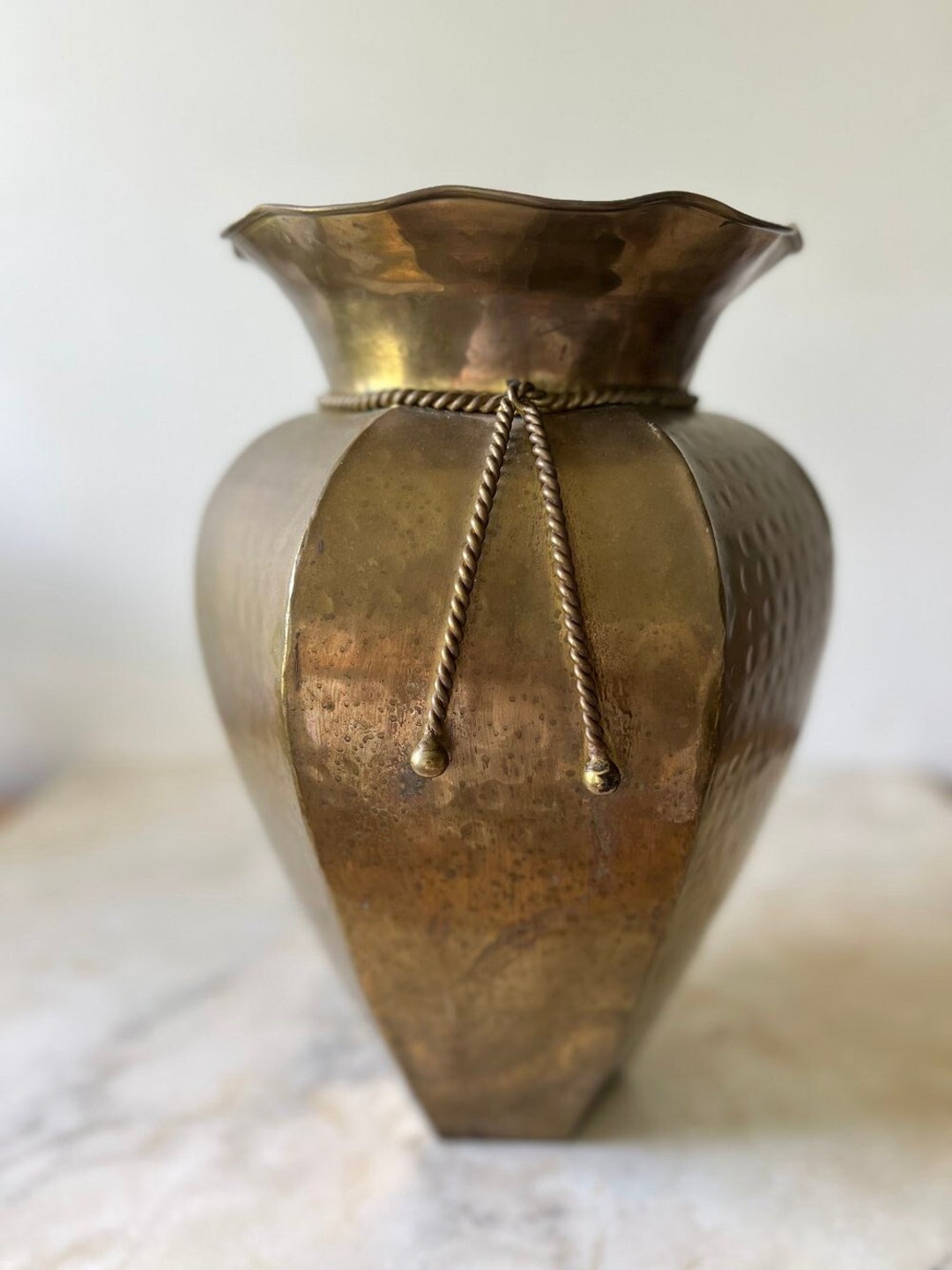 Vintage Hammered Brass Large Vase With Rope Detail Etsy