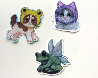 Sparkly Cat and Frog Vinyl Stickers, Laptop Water Bottle Decals