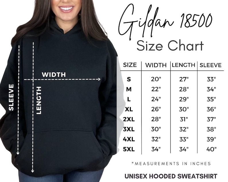 Puede incluir: Tabla de tallas para una sudadera con capucha unisex Gildan 18500. La tabla muestra las medidas en pulgadas para el ancho, la longitud y la longitud de la manga para las tallas S a 5XL.