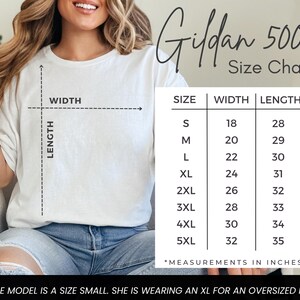 May include: Gildan 5000 Size Chart for t-shirts. The chart shows the width and length measurements in inches for sizes S through 5XL.