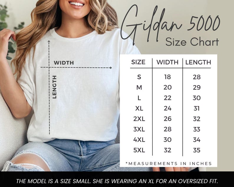 May include: Gildan 5000 Size Chart for t-shirts. The chart shows the width and length measurements in inches for sizes S through 5XL.