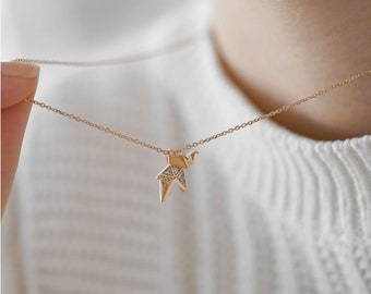 14K Solid Gold Diamant Elefant Origami Halskette, Minimalist Tier Halskette, Tier Gold Anhänger, Dainty Gold Elefant Anhänger,Rose Gold