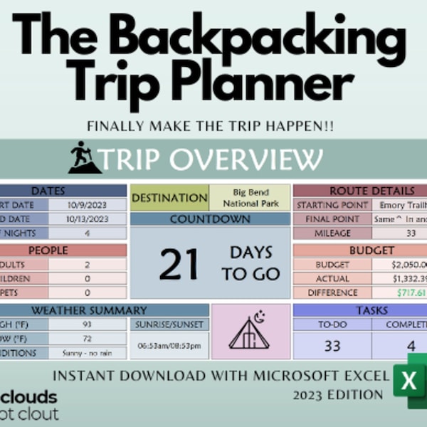 Backpacking Trip Planner | Camping & Outdoors | Excel Template | Instant Digital Download | Organized Trip Planner | Outdoor Adventure Plan