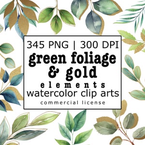 Green Foliage and Gold Watercolor Clip Art Elements to compliment Design Templates for Personal or Commercial Projects | Digital Download