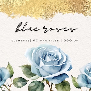 Blue Roses Floral Watercolor Clipart Elements for floral arrangements, 40 PNG Files with transparent background, personal or commercial
