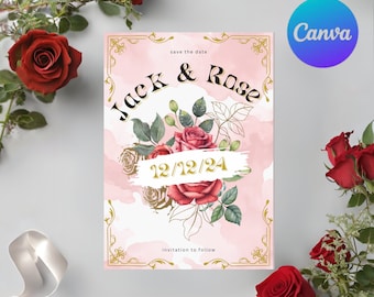 Red Roses Save The Date Card, Wedding Template (PDF, PNG, JPG)