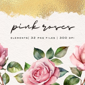Pink Roses Floral Clipart Elements Bundle of 32 PNG Files for Floral Arrangements in wedding invitations, scrapbooking, journaling, and more