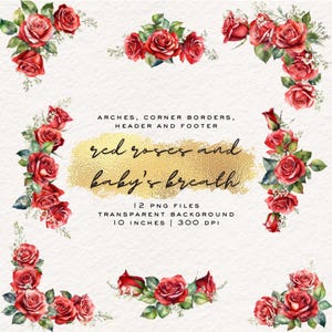 Red Roses Watercolor Clipart: Floral Border Arrangements (Digital Download)
