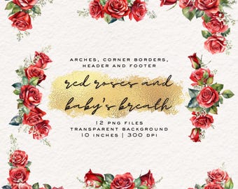 Red Roses Watercolor Clipart: Floral Border Arrangements (Digital Download)