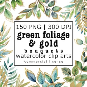 Green Foliage and Gold Watercolor Clip Art Bouquets, Foliage Arrangements to compliment Design Templates for Personal or Commercial Projects