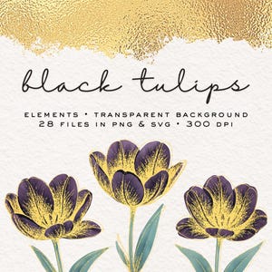 Black Tulips Floral Watercolor Clipart Elements, 28 PNG & SVG Files, for Wedding, Journaling, Presentations, POD, Personal and Commercial