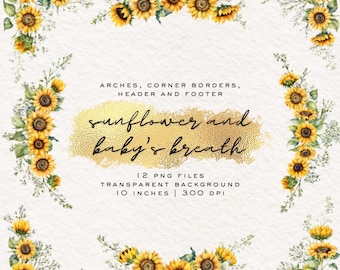 Sunflower Watercolor Border Cliparts: Floral Page Elements (Digital Download)